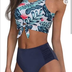 SUUKSESS Women’s Knot Tankini Set - Navy Blue Leaf